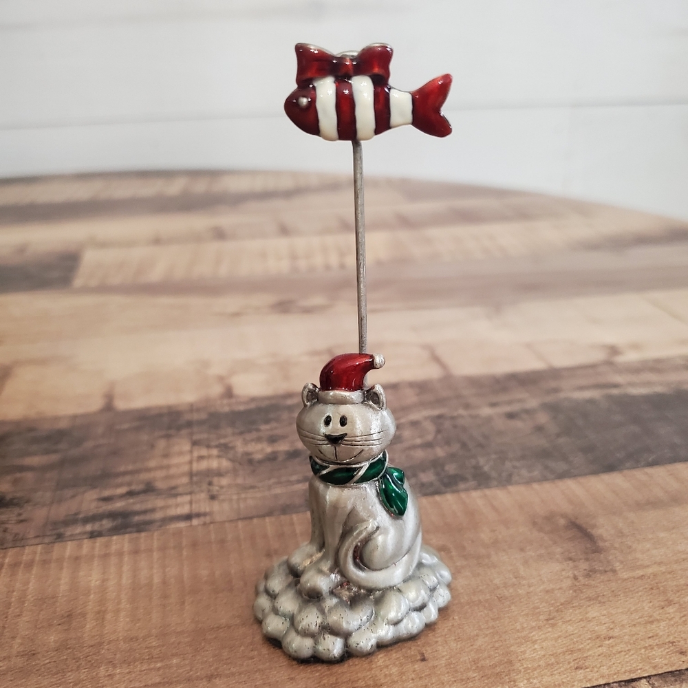Pewter silver cat kitten place card picture holder Christmas santa cat and fish